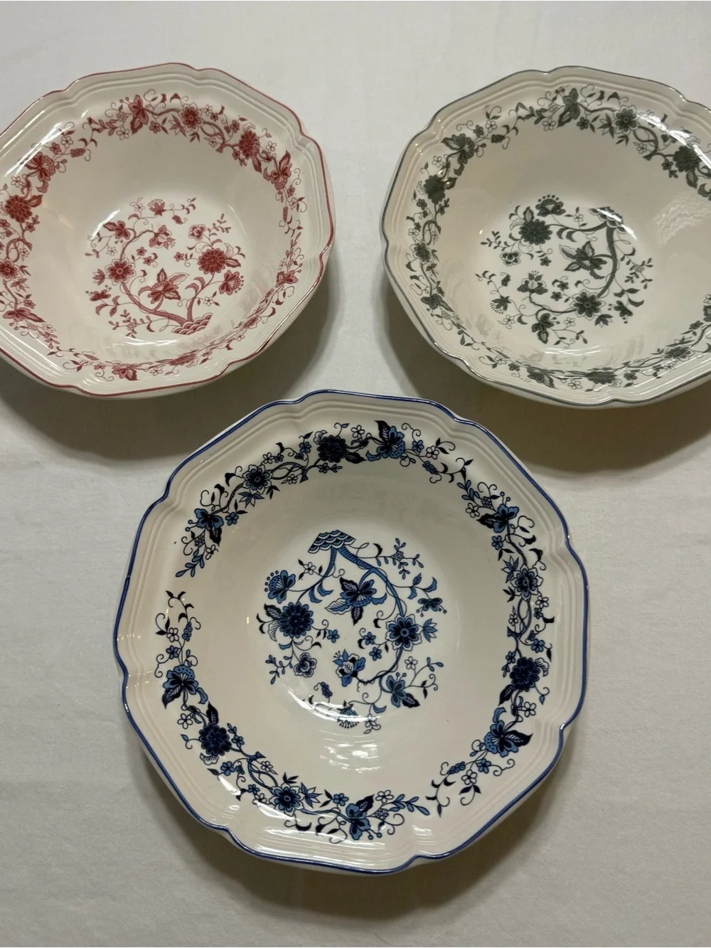 Floral Ceramic Serving Bowls Set - Blue, Red, Green/Gray